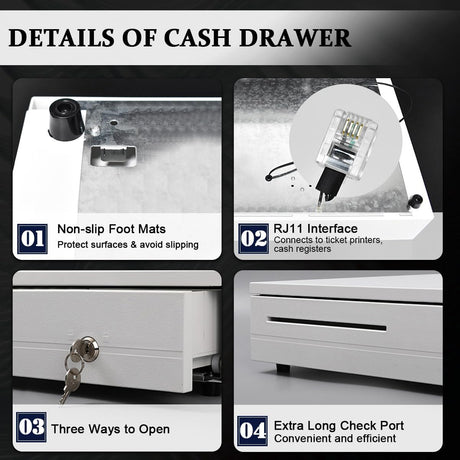 Cash Register Drawer 5 Grids, Cash POS Drawer with Micro Switch Auto Open Secure Money Cash Stand Removable 5 Bill 5 Coin Tray RJ11 Printer 3 Key-Locks for Business Shop Market 40x42x10cm