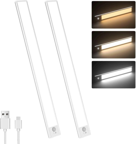 Motion Sensor Under Cabinet Lighting-Magnetic Rechargeable Closet Lights for Kitchen,Stairs,Wardrobe | 3-Color Dimmable LED Under Counter Lighting | Pro Battery Upgrade​ (20cm-2Pack)