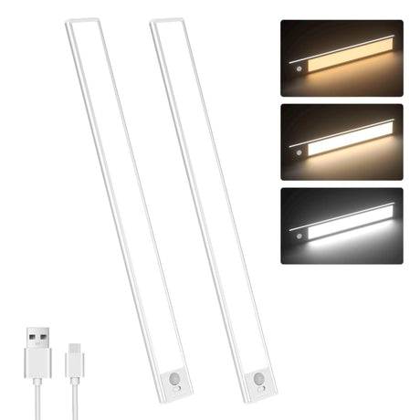 Motion Sensor Under Cabinet Lighting-Magnetic Rechargeable Closet Lights for Kitchen,Stairs,Wardrobe | 3-Color Dimmable LED Under Counter Lighting | Pro Battery Upgrade​ (20cm-2Pack)