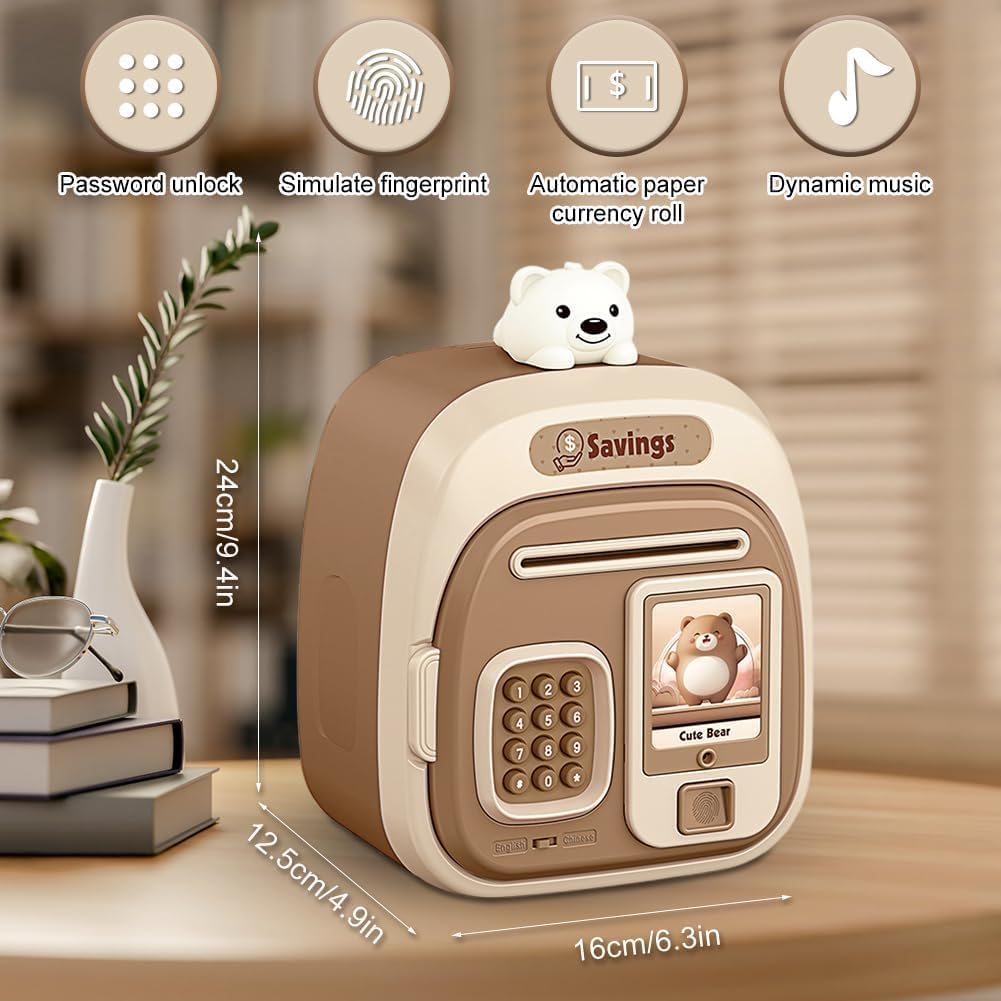 Electronic Money Box for Kids – Azonee Fingerprint Money Saving Box with Music, ATM Style Coin Bank for Girls & Boys, Secure Digital Money Box for Saving Coins, Birthday for Boys Girls (Light Brown)