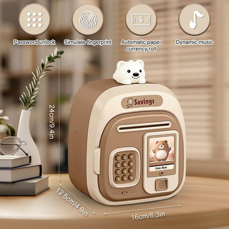 Electronic Money Box for Kids – Azonee Fingerprint Money Saving Box with Music, ATM Style Coin Bank for Girls & Boys, Secure Digital Money Box for Saving Coins, Birthday for Boys Girls (Light Brown)