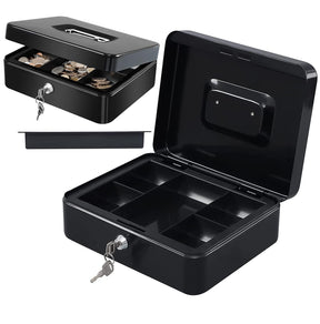 MaxEMA Metal Cash Box With Lock & Keys 15x12x8cm Steel Register With Tray Durable Portable Money Box Safe For Bills Jewelry Organizer Coins Phones Travel Lock Safe Box Piggy Locker (Black V.Small)