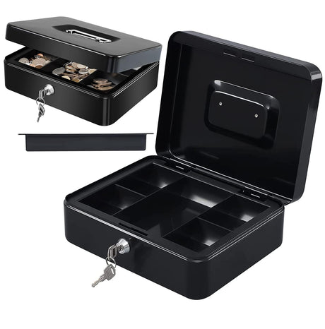 MaxEMA Metal Cash Box With Lock & Keys 15x12x8cm Steel Register With Tray Durable Portable Money Box Safe For Bills Jewelry Organizer Coins Phones Travel Lock Safe Box Piggy Locker (Black V.Small)