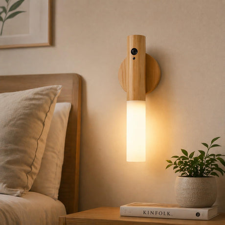 Motion Sensor Night Light, USB Rechargeable Smart LED Light with Human Body Sensor, Magnetic Stick-On Night Lamp for Bedroom, Hallway, Stairway, Wardrobe (Ash Wood)