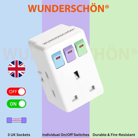 WUNEDRSCHÖN |Travel Adapter UK Plug and Sockets, 3 Sockets With individual Safety Switches Suitable For Charging Electronics Laptop Mobile and Appliances (UK - 3 Switches, 3 Sockets)