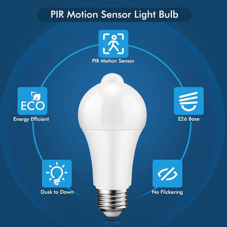 SYOSI Motion Sensor Light Bulbs, , 12W (100W Equivalent) PIR Motion Activated Dusk to Dawn Light Bulb, E26 6000K Cool White Security Bulb for Front Door Garage Hallway, 2 Pack