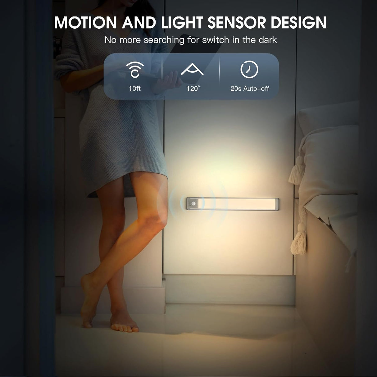 MCGOR Under Cabinet Lights,40 LED Rechargeable Battery Operated Motion Sensor Light Indoor, 2 Pack Magnetic Dimmable Closet Lights, Wireless Under Counter Lights for Kitchen, Stairs