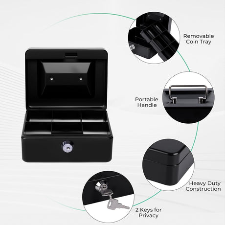 MaxEMA Metal Cash Box With Lock & Keys 15x12x8cm Steel Register With Tray Durable Portable Money Box Safe For Bills Jewelry Organizer Coins Phones Travel Lock Safe Box Piggy Locker (Black V.Small)