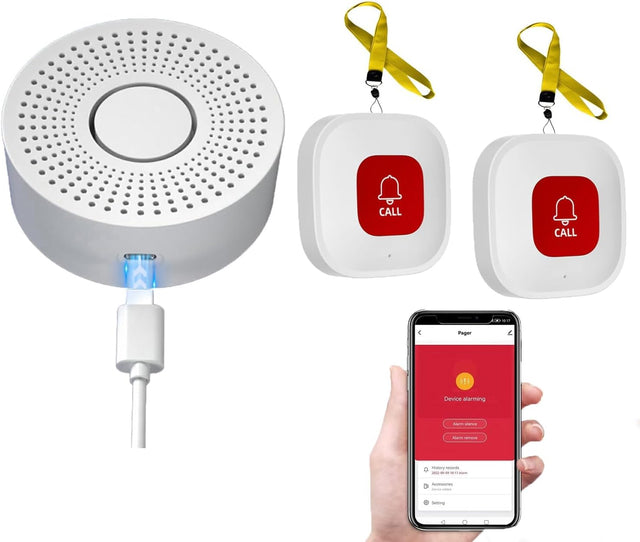 Wifi Caregiver Pager, Call Button, Wireless Alert System, Personal Panic Alarm, Emergency Button For Elderly Patient Seniors Disabled, 2 Sos & 1 Receiver