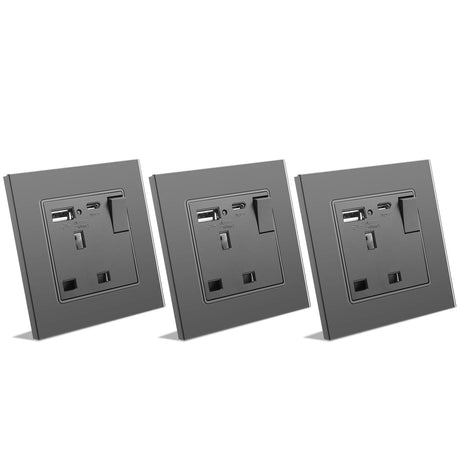 BSEED Double Switched Wall Socket 2 Gang Black with USB C & USB A Charging Ports, 13A Wall Electric Power Socket with Glass Panel