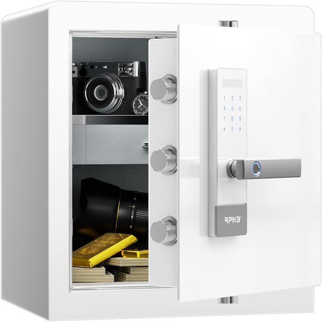 RPNB Home Safe Box,Personal Money Safe,Biometric Cabinet Safes,45 L | White Money Safe for Home, Metal Office Safe with Fingerprint Lock,Voice Prompt,One-Touch Unlock,Jewellery Drawer,Home,Hotel