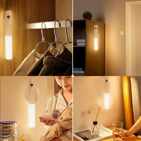 Motion Sensor Night Light, USB Rechargeable Smart LED Light with Human Body Sensor, Magnetic Stick-On Night Lamp for Bedroom, Hallway, Stairway, Wardrobe (Ash Wood)