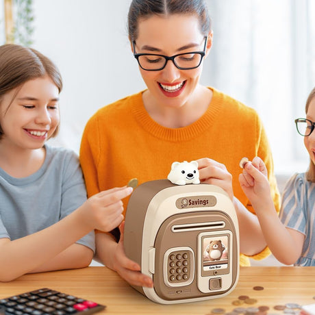 Electronic Money Box for Kids – Azonee Fingerprint Money Saving Box with Music, ATM Style Coin Bank for Girls & Boys, Secure Digital Money Box for Saving Coins, Birthday for Boys Girls (Light Brown)