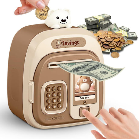 Electronic Money Box for Kids – Azonee Fingerprint Money Saving Box with Music, ATM Style Coin Bank for Girls & Boys, Secure Digital Money Box for Saving Coins, Birthday for Boys Girls (Light Brown)