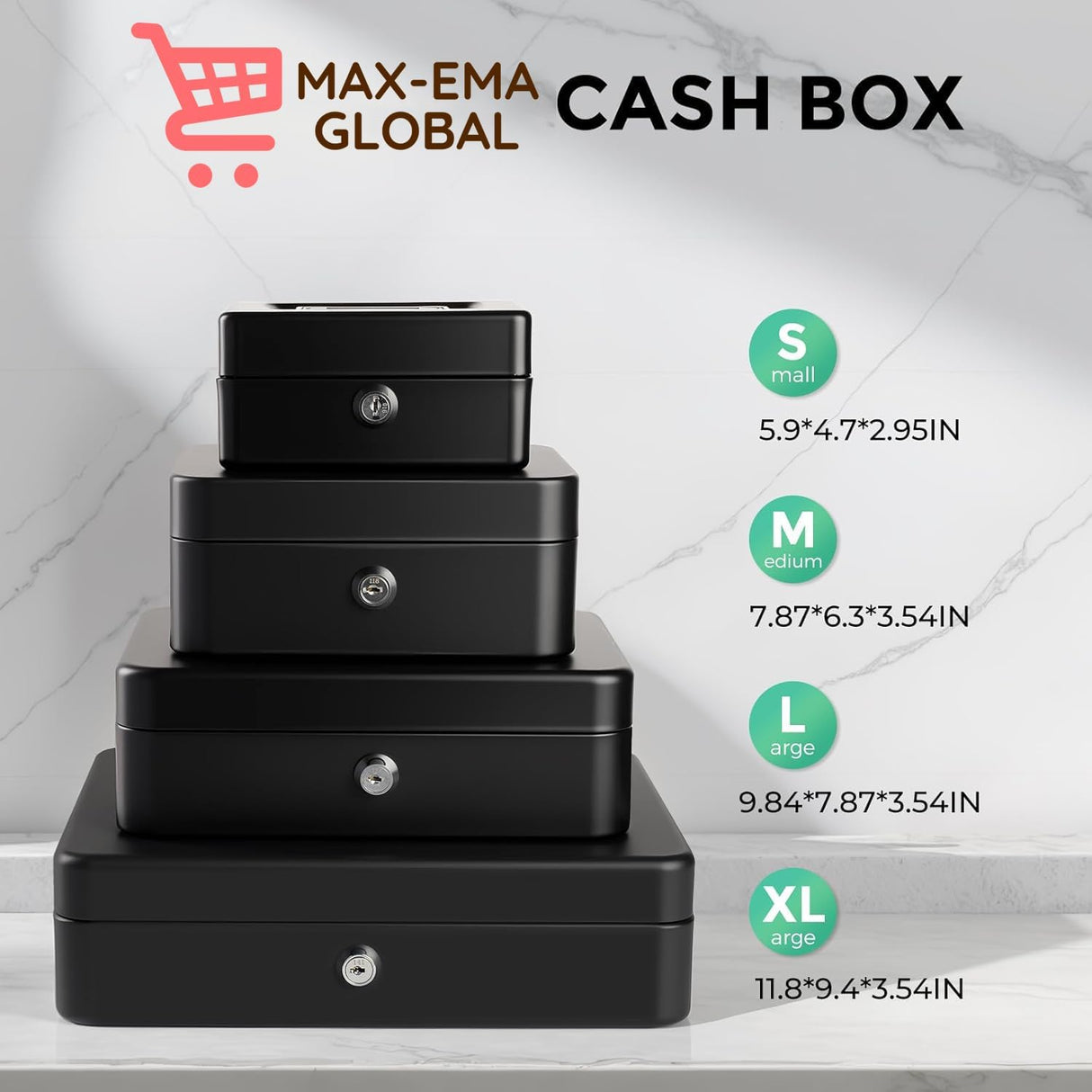 MaxEMA Metal Cash Box With Lock & Keys 15x12x8cm Steel Register With Tray Durable Portable Money Box Safe For Bills Jewelry Organizer Coins Phones Travel Lock Safe Box Piggy Locker (Black V.Small)