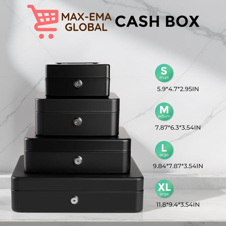 MaxEMA Metal Cash Box With Lock & Keys 15x12x8cm Steel Register With Tray Durable Portable Money Box Safe For Bills Jewelry Organizer Coins Phones Travel Lock Safe Box Piggy Locker (Black V.Small)