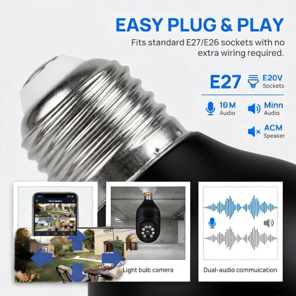 2 Pack Bulb WiFi Camera, Wireless Panoramic HD Indoor Camera, Socket Mount Security Cam, TF Card Not Included, Black