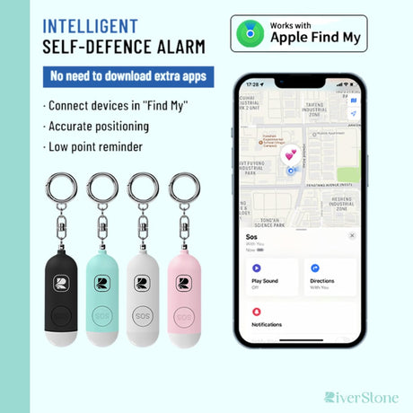 Riverstone Personal Security Tracker Alarm 130dB with Apple Find My GPS Only for iOS, Stop Aggression, Siren Emergency Self-Defense & Anti Removal Key Ring for Women and Children
