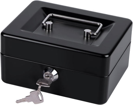MaxEMA Metal Cash Box With Lock & Keys 15x12x8cm Steel Register With Tray Durable Portable Money Box Safe For Bills Jewelry Organizer Coins Phones Travel Lock Safe Box Piggy Locker (Black V.Small)