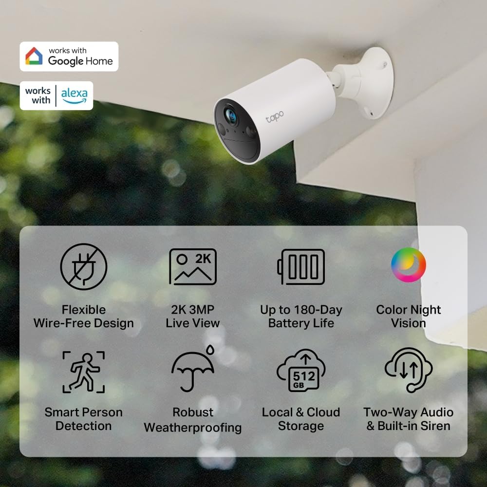 Tapo C410 Outdoor/Indoor Battery Wi-Fi Camera, 2K 3MP, 6400mAh, AI Person Detection, Color Night Vision, No Hub Required, Solar Panel Compatible