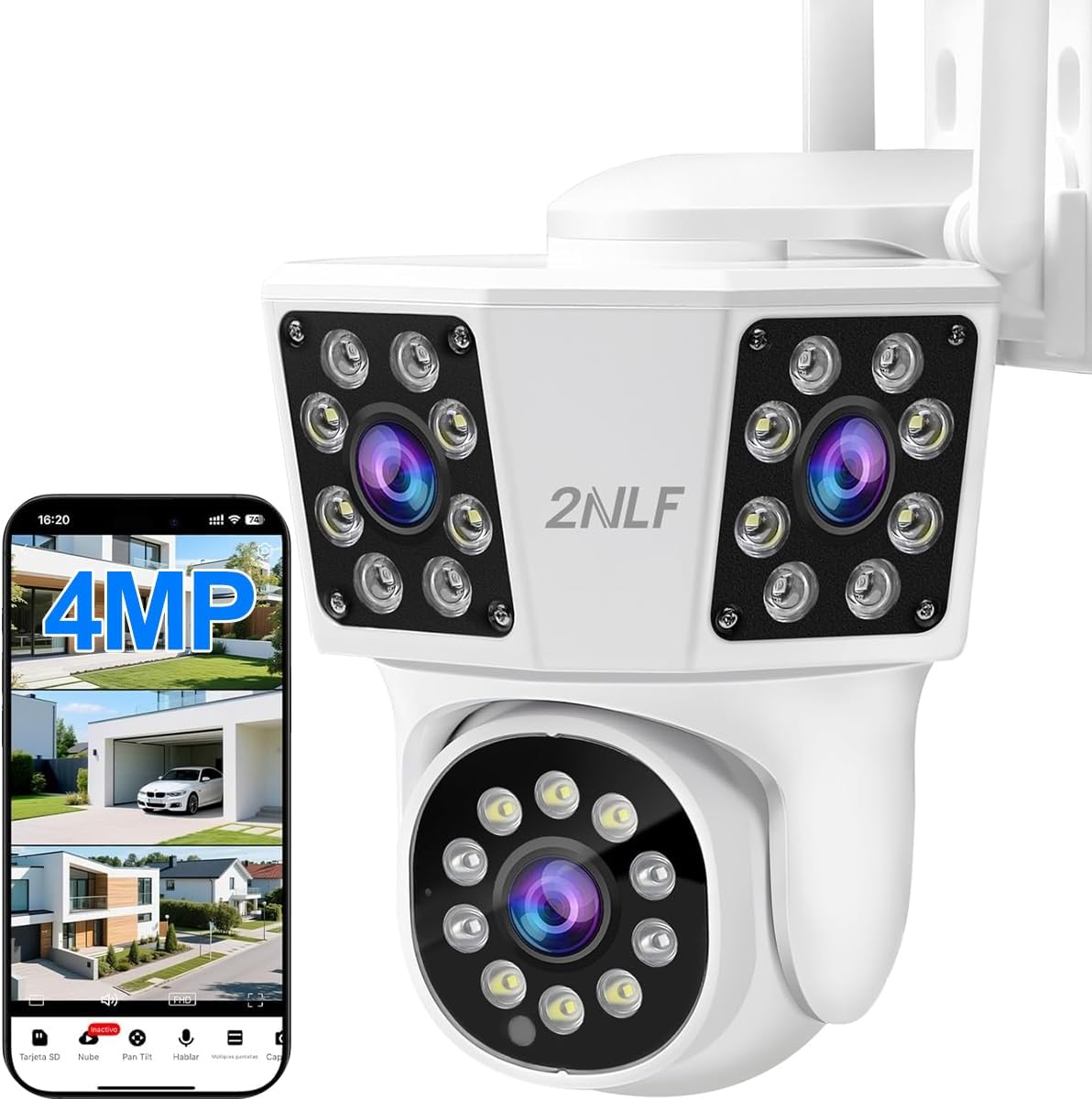 2NLF 4MP Outdoor WiFi Security Camera, 3-Lens, 360° Auto Tracking