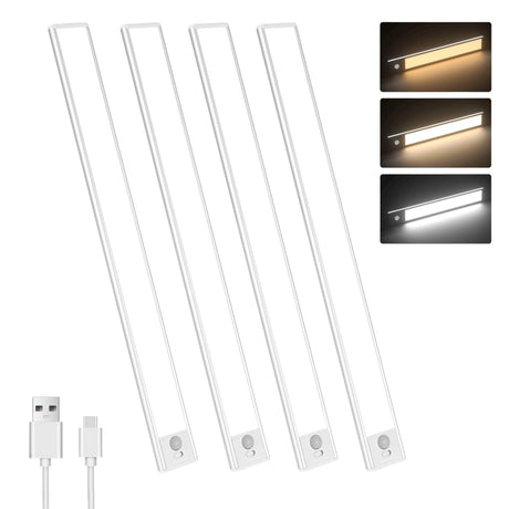 Motion Sensor Under Cabinet Lighting-Magnetic Rechargeable Closet Lights for Kitchen,Stairs,Wardrobe | 3-Color Dimmable LED Under Counter Lighting | Pro Battery Upgrade​ (20cm-2Pack)