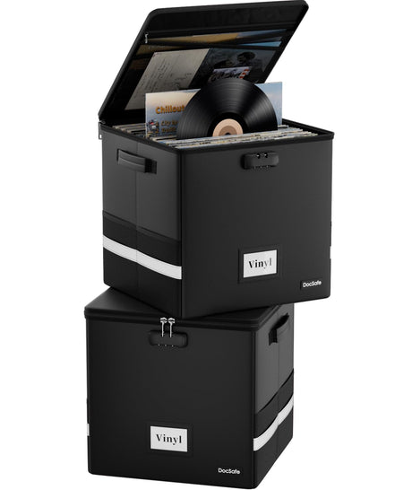 DocSafe Vinyl Record Storage Box with Lock,Fireproof＆Water Resistant Record Organizer Storage for 100+ Single Records(12-inch),Collapsible Storage Crate with Lid&Handles for Valuable Album Collection