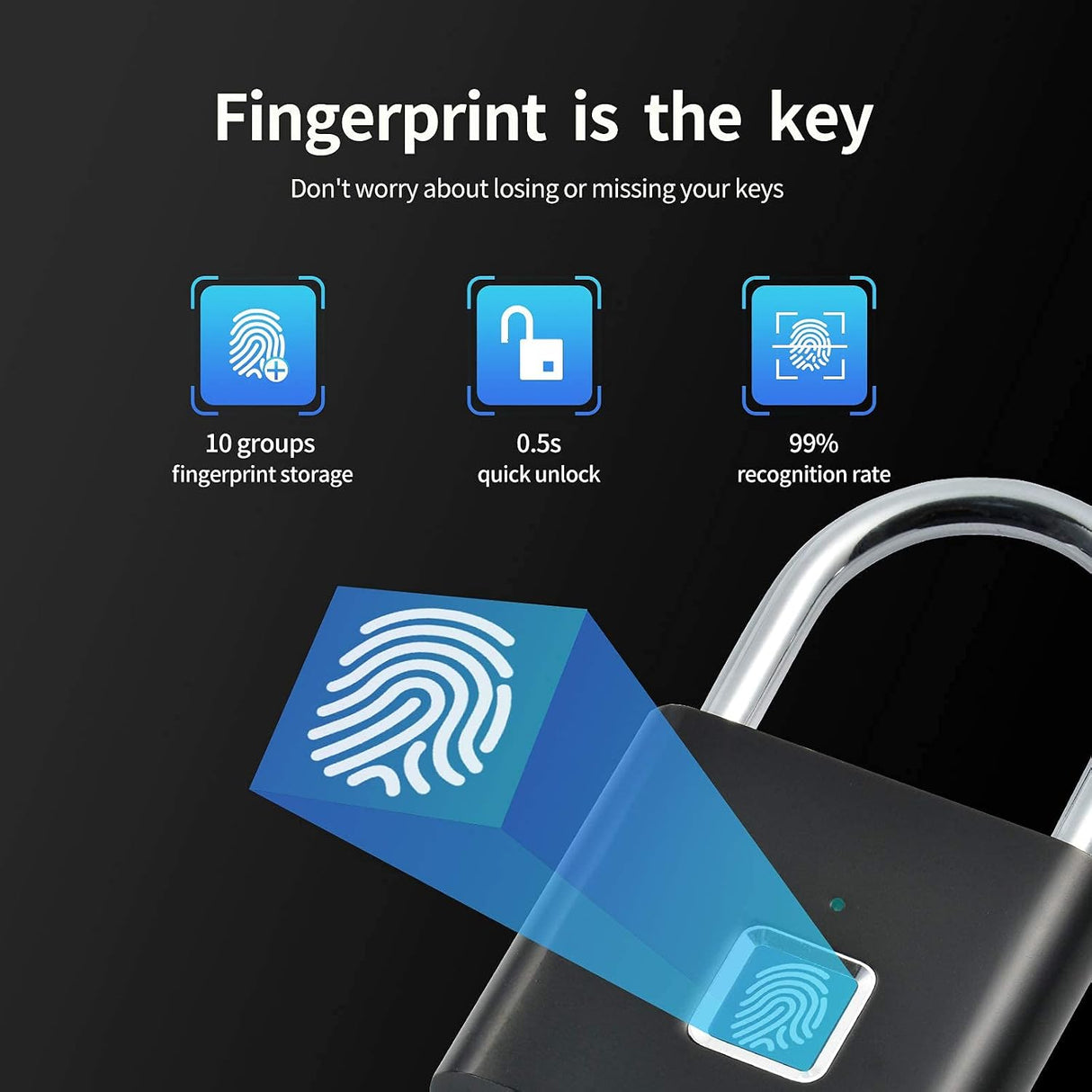 Fingerprint Padlock, Locker Lock, Smart Pad Lock Waterproof Small Portable Padlock with USB Charging for Locker, Luggage, Gym, Suitcas, School, Bike
