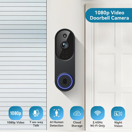 Guggre 1080P Video Doorbell Camera, Intelligent Human Detection, Cloud Storage, Chime Included, Live View, 2-Way Audio, IR Night Vision, Wide Angle Lens, Indoor/Outdoor