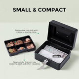 MaxEMA Metal Cash Box With Lock & Keys 15x12x8cm Steel Register With Tray Durable Portable Money Box Safe For Bills Jewelry Organizer Coins Phones Travel Lock Safe Box Piggy Locker (Black V.Small)