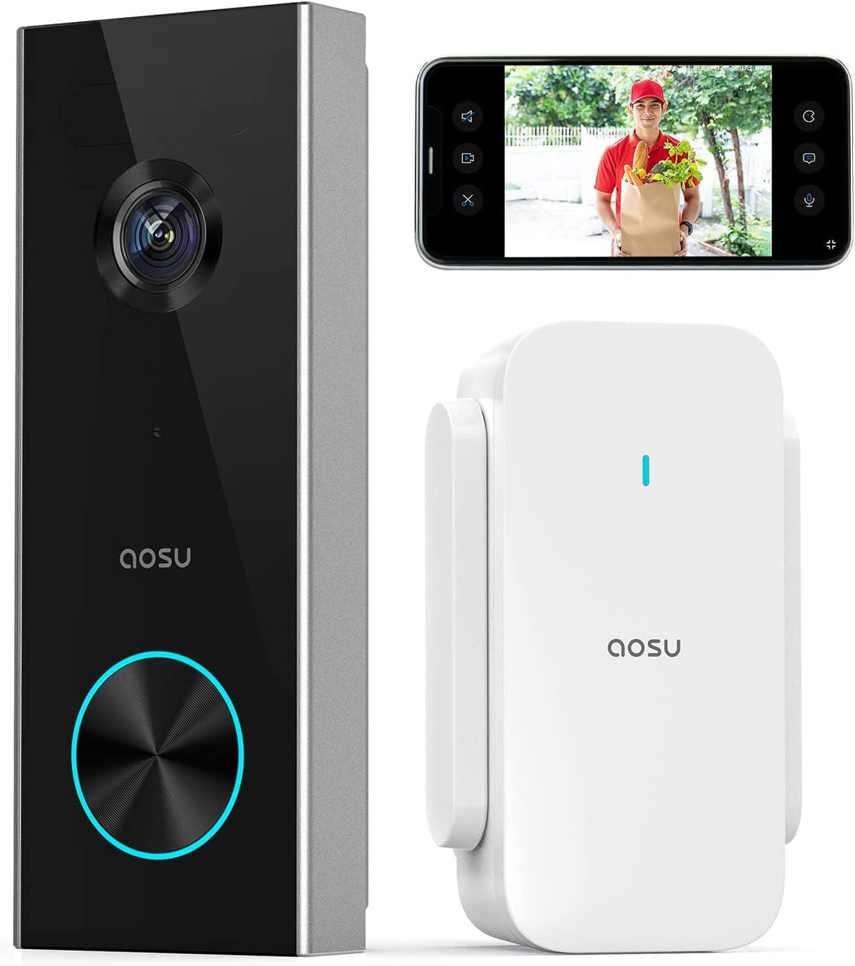 aosu Doorbell with Camera, 2K Video Doorbell, Encrypted Storage Bell Camera with AI Person Detection with AI, Battery Operated, Works with Alexa