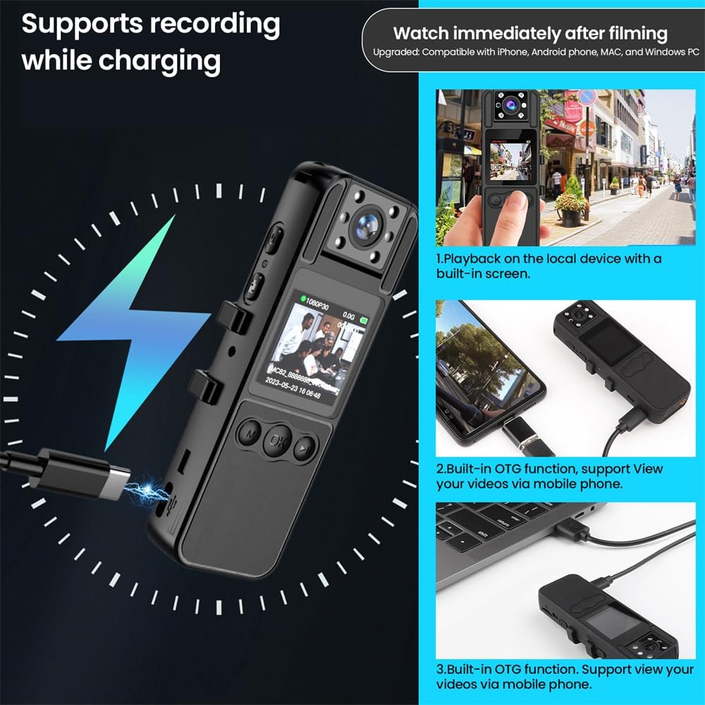 YARDHOBI HD 1080P Body Camera, 180° Lens + Night Vision + Audio