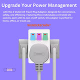 WUNEDRSCHÖN |Travel Adapter UK Plug and Sockets, 3 Sockets With individual Safety Switches Suitable For Charging Electronics Laptop Mobile and Appliances (UK - 3 Switches, 3 Sockets)