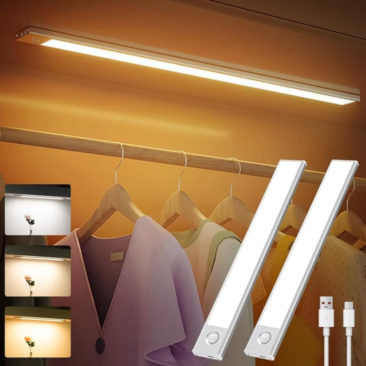 Under Cabinet Light, Necomi 2 Pack 3 Colors Motion Sensor Light 2500mAh Rechargeable Wireless Closet light,Dimmable Night Lights for Bedroom,Closet,Kitchen,Hallway, Cupboard Light,40CM