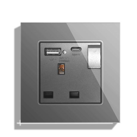 BSEED Double Switched Wall Socket 2 Gang Black with USB C & USB A Charging Ports, 13A Wall Electric Power Socket with Glass Panel