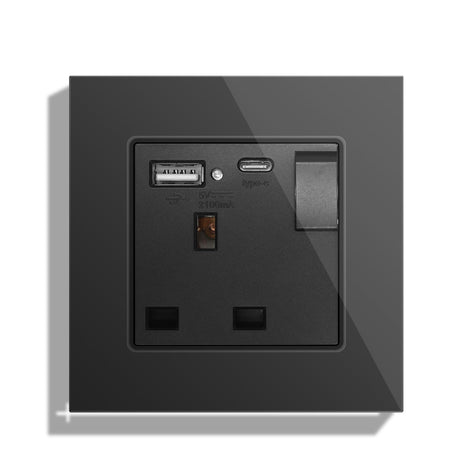 BSEED Double Switched Wall Socket 2 Gang Black with USB C & USB A Charging Ports, 13A Wall Electric Power Socket with Glass Panel