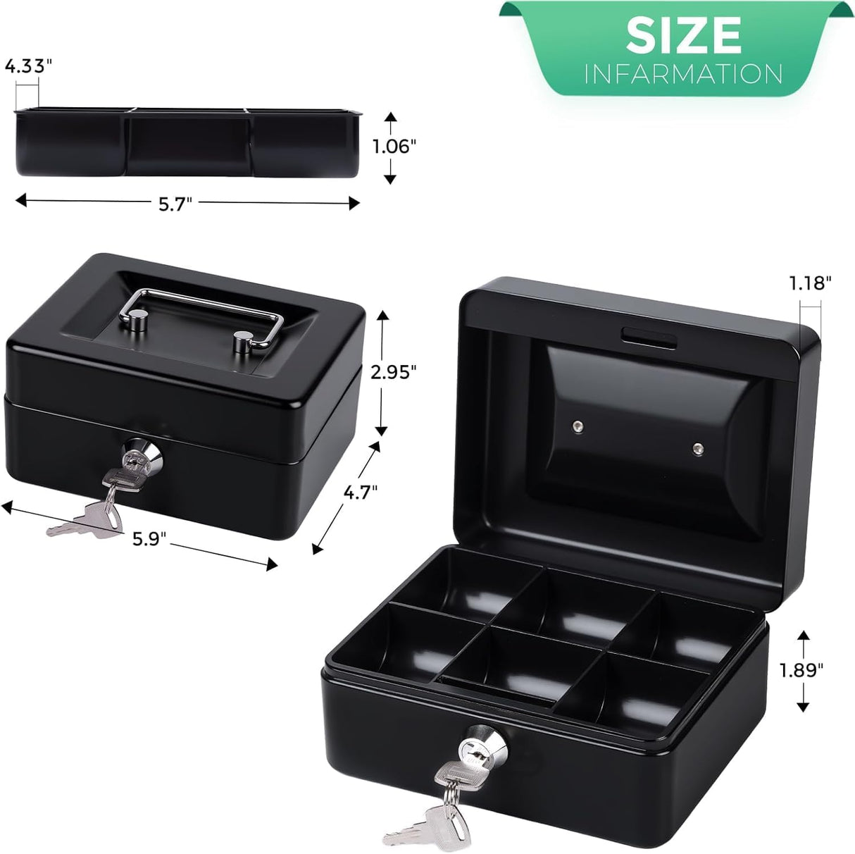 MaxEMA Metal Cash Box With Lock & Keys 15x12x8cm Steel Register With Tray Durable Portable Money Box Safe For Bills Jewelry Organizer Coins Phones Travel Lock Safe Box Piggy Locker (Black V.Small)