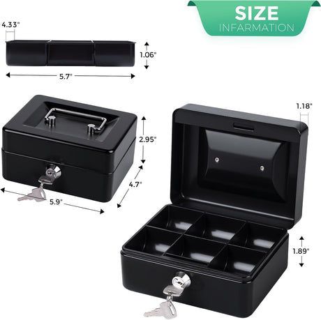 MaxEMA Metal Cash Box With Lock & Keys 15x12x8cm Steel Register With Tray Durable Portable Money Box Safe For Bills Jewelry Organizer Coins Phones Travel Lock Safe Box Piggy Locker (Black V.Small)