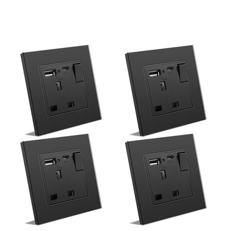 BSEED Double Switched Wall Socket 2 Gang Black with USB C & USB A Charging Ports, 13A Wall Electric Power Socket with Glass Panel