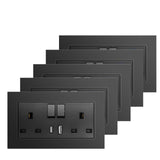 BSEED Double Switched Wall Socket 2 Gang Black with USB C & USB A Charging Ports, 13A Wall Electric Power Socket with Glass Panel
