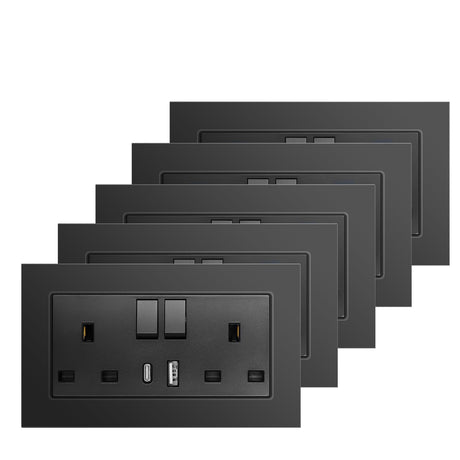 BSEED Double Switched Wall Socket 2 Gang Black with USB C & USB A Charging Ports, 13A Wall Electric Power Socket with Glass Panel