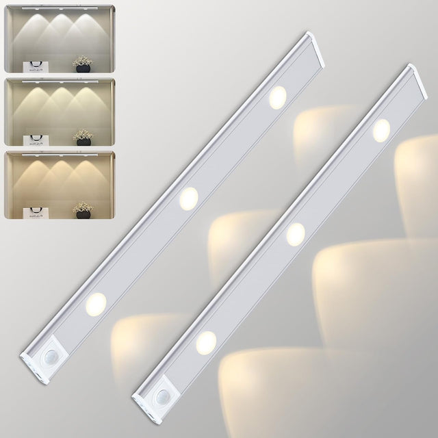 LED Under Cabinet Lighting, Rechargeable Motion Sensor Light Indoor, 3 Color Temperatures, Wireless Magnetic Closet Light for Closets, Kitchen, Bedroom, Hallway, Stairs (2 PCS)