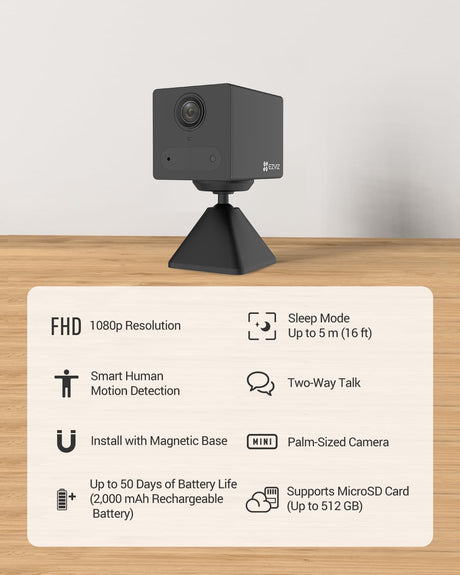 EZVIZ 2025 Mini Battery Camera Indoor Wireless 512GB, No Plug-in, No Subscription, with Audio Video, App Control, 2.4GHz, Motion/Human Detection, Night Vision, Two Way Audio, Google Alexa Control(CB2)