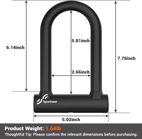 Sportneer Bike Lock Set Heavy Duty U Lock with 5 Ft Security Steel Cable for Road Mountain Bike