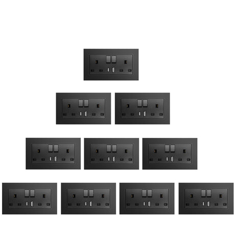 BSEED Double Switched Wall Socket 2 Gang Black with USB C & USB A Charging Ports, 13A Wall Electric Power Socket with Glass Panel