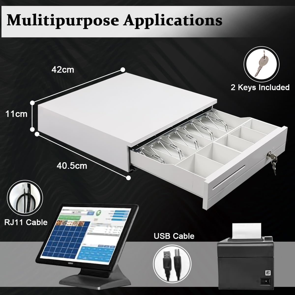 Cash Register Drawer 5 Grids, Cash POS Drawer with Micro Switch Auto Open Secure Money Cash Stand Removable 5 Bill 5 Coin Tray RJ11 Printer 3 Key-Locks for Business Shop Market 40x42x10cm