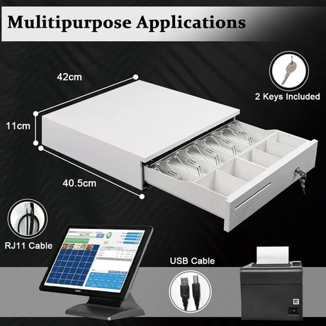 Cash Register Drawer 5 Grids, Cash POS Drawer with Micro Switch Auto Open Secure Money Cash Stand Removable 5 Bill 5 Coin Tray RJ11 Printer 3 Key-Locks for Business Shop Market 40x42x10cm