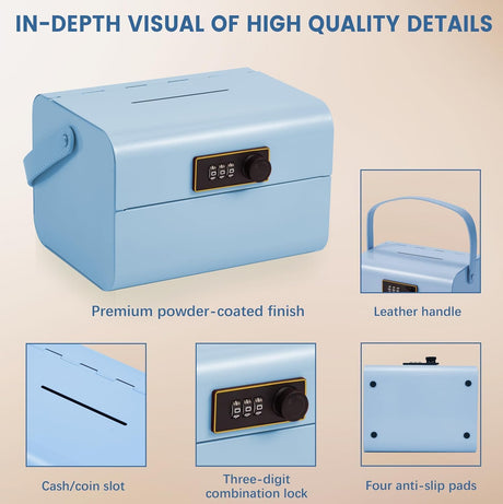 Mini Safe Box for Kids - Portable Money Lock with Combination Lock for Cash, Jewelry & Valuables, Lightweight Security Safe Metal Money Box for Cash Saving for Kids Boys Girls (Blue)