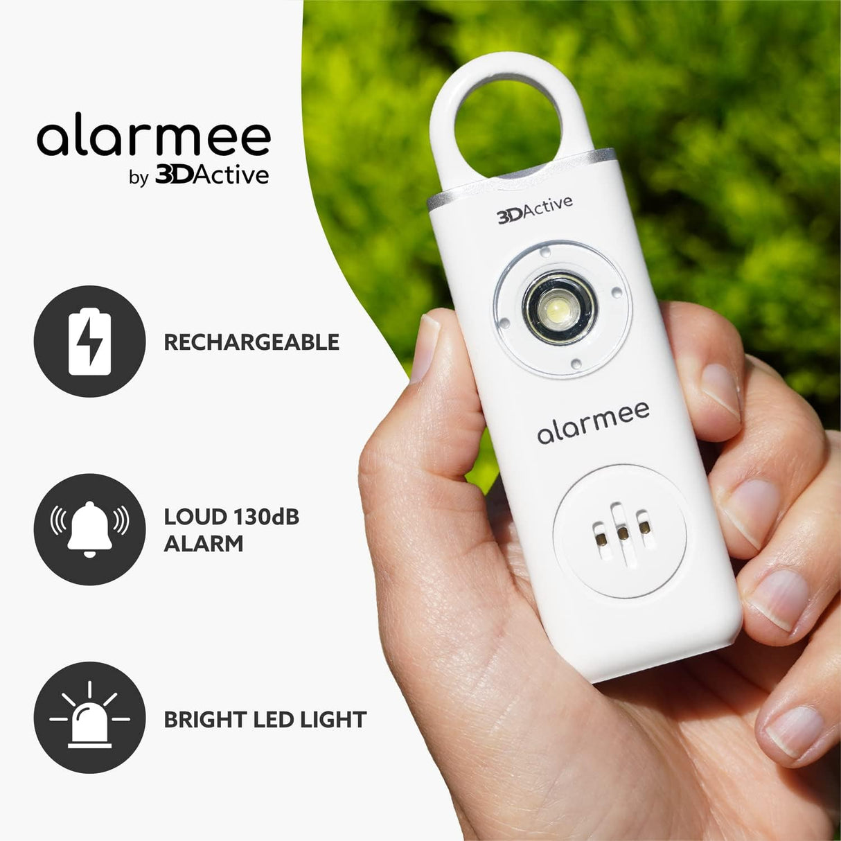 3DActive Alarmee Rechargeable Personal Safety Alarm for Self Defense, Women, Teens and Elderly, Pocket Size 130dB Loud Siren with LED Light