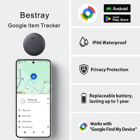 Android smart Tracker Tag - 4 Pack, Bluetooth GPS Tracker for Android Phones, Compatible with Google Find My Device, Item Locator for Luggage, Keys, Backpack, IP66 Waterproof (4 Pack)